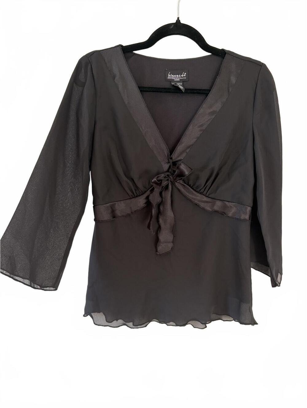 Vintage Womens M Black Chiffon Semi-Sheer V-Neck Tie Front Grunge Fairy Whimsy